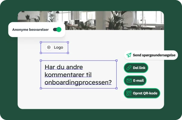 En onboardingskærm til oprettelse af spørgeundersøgelser med muligheder for at sende, dele og gøre besvarelser anonyme.