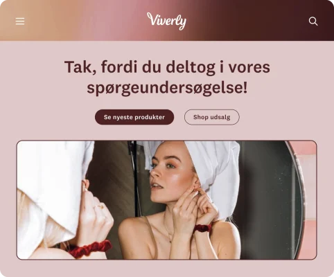 Brandet slutside i Viverly-spørgeundersøgelse med links til at gennemse de nyeste produkter og shoppe udsalg.