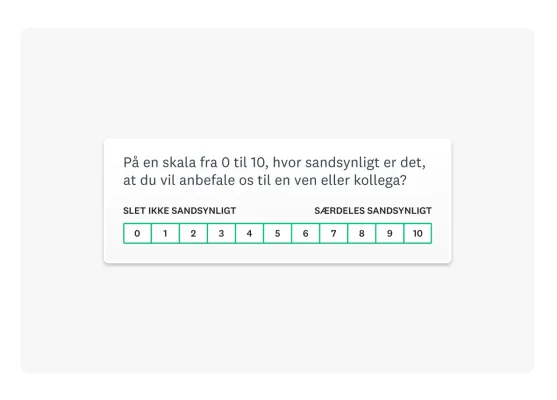 Net Promoter® Score-spørgsmål lyder: "På en skala fra 0-10, hvor sandsynligt er det, at du vil anbefale os til en ven eller kollega?"