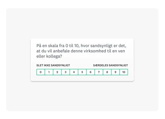 Employee Net Promoter Score-spørgsmål lyder: "På en skala fra 0-10, hvor sandsynligt er det, at du vil anbefale denne virksomhed som et godt sted at arbejde til en ven eller kollega?"
