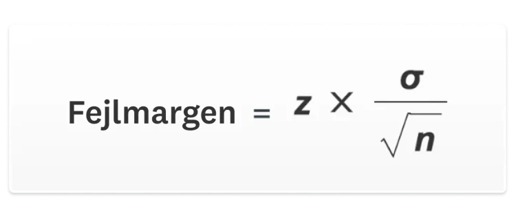 Formlen for fejlmargen er z‑score gange populationens standardafvigelse divideret med kvadratroden af din stikprøvestørrelse