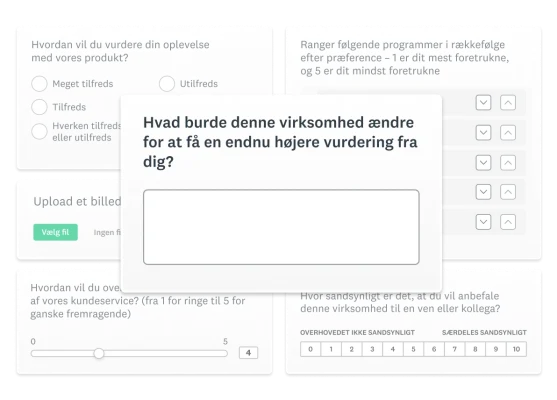 Produktskærmbilleder, der viser forskellige spørgsmålstyper til spørgeundersøgelser.