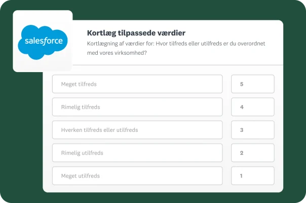 Et skærmbillede, der viser, hvordan brugerdefinerede værdier kortlægges fra et spørgsmål i en spørgeundersøgelse til felter i Salesforce.