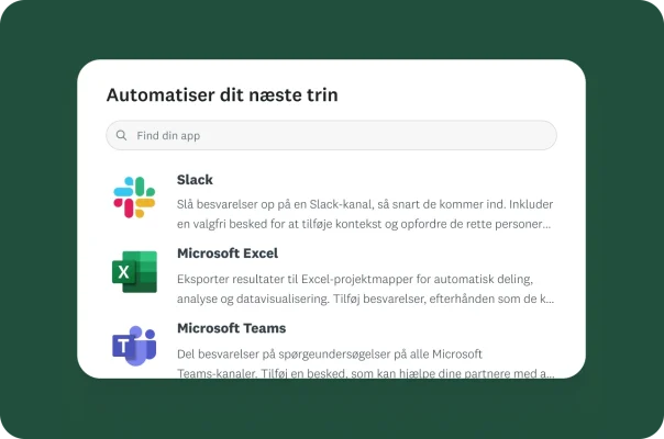 En menu med valg til automatisering af spørgeundersøgelsesbesvarelser til Slack, Microsoft Excel og Microsoft Teams.
