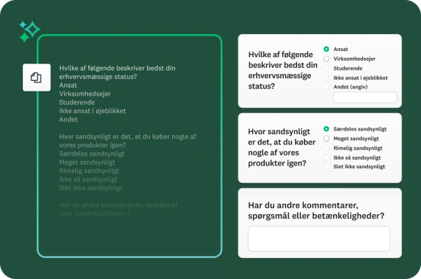 Et skærmbillede, der viser en blok til venstre med indsatte uforarbejdede spørgsmål til spørgeundersøgelser, og til højre er platformen, der automatisk formaterer dem til interaktive spørgsmål til spørgeundersøgelser.