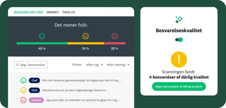 Et dashboard, der viser meningsanalyse af spørgeundersøgelsens besvarelser og en funktion, der markerer besvarelser af dårlig kvalitet.