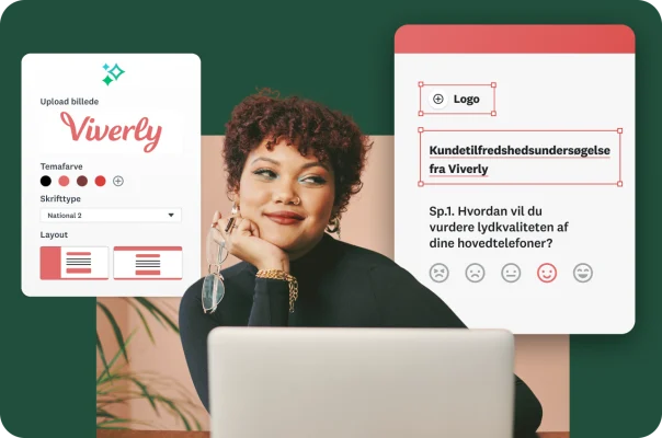 En smilende kvinde ser på sin bærbare computer med overlejringer, der viser muligheder for spørgeundersøgelsens typografi såsom at uploade et logo, vælge en temafarve og redigere en kundetilfredshedsundersøgelse fra Viverly.