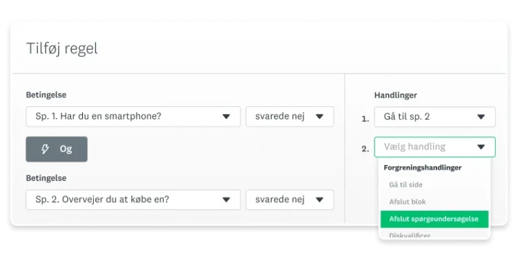Skærmbillede af tilføj regel-funktion i SurveyMonkey