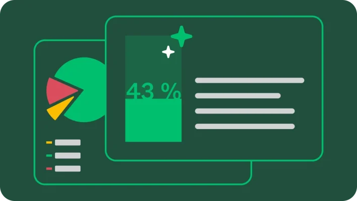 En grafik, der viser to overlappende slides. Den ene har et lagkagediagram med tilhørende forklaring, og den anden har et stort tal "43 %" og flere linjer med pladsholdertekst.
