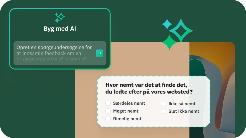 Skærmbillede af en brugergrænseflade med titlen "Byg med AI". Et eksempel på en prompt er "Opret en spørgeundersøgelse for at indsamle feedback om en brugers oplevelse med et websted". Et eksempel på spørgsmål i en spørgeundersøgelse, der spørger "Hvor nemt var det at finde det, du ledte efter på vores websted?" med en liste over besvarelser.