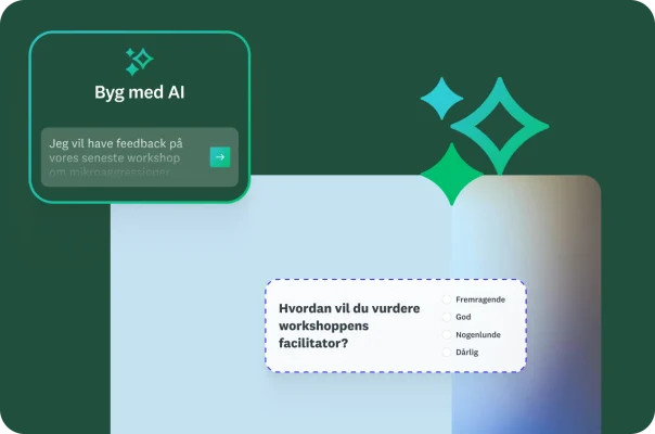 Byg med AI-prompt, der siger "Jeg vil gerne have feedback på vores seneste workshop om mikroaggressioner" ved siden af et spørgsmål til spørgeundersøgelse om, hvordan "man vil vurdere workshoppens facilitator"