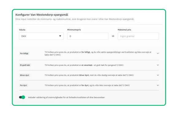 Skærmbillede af konfigurationsskærm til SurveyMonkeys løsning til prisoptimering