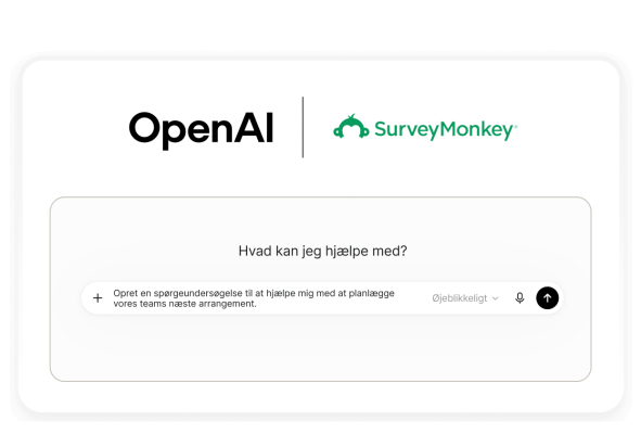 OpenAI- og SurveyMonkey-logoer over en chatprompt, hvor der står: Opret en spørgeundersøgelse til at hjælpe mig med at planlægge vores teams næste arrangement.