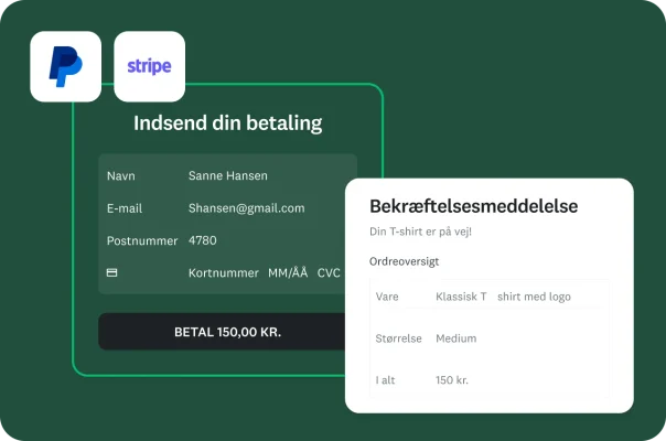 send din grænseflade til betaling med bekræftelsesmeddelelsen, som er integreret med PayPal og Stripe