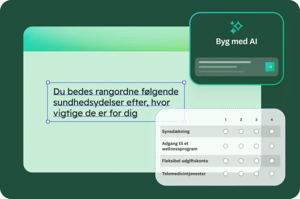 En formular, der viser et spørgsmål fra en spørgeundersøgelse, der beder respondenterne om at "vurdere følgende sundhedsydelser efter betydning for dig" med en liste af valgmuligheder, som f.eks. "Synsdækning", "Adgang til et wellnessprogram", "Fleksibel udgiftskonto" og "Telemedicintjenester." Et "AI-baseret" oprettelsesværktøj vises i hjørnet.