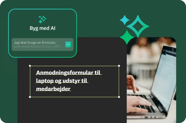 Byg med AI-prompt, der siger, at jeg skal bruge en formular, som medarbejderne kan udfylde for at anmode om udstyr, ved siden af en skabelon, der anmoder om en medarbejdercomputer og udstyr
