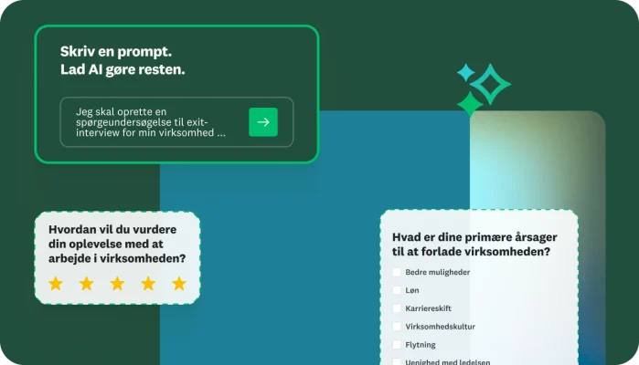 Tekstfelt, der beder brugeren om at skrive en prompt og lade AI gøre resten for at oprette en spørgeundersøgelse. Ved siden af er der spørgsmål om, hvordan du vurderer, at det er at arbejde i virksomheden, og hvad de primære årsager er til, at du forlader den