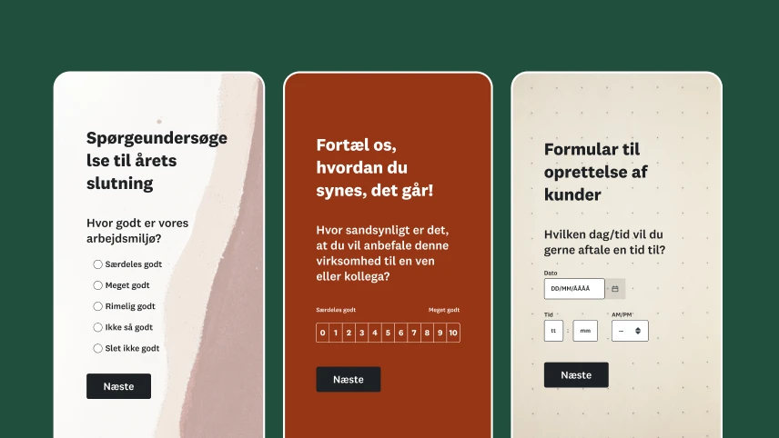 Skærmbilleder af tre forskellige spørgeundersøgelser på mobilenheder
