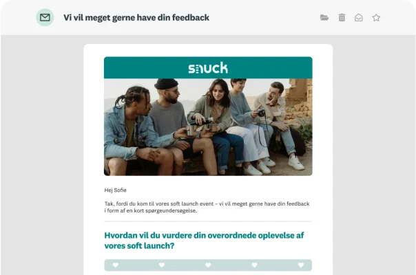 E‑mail med et spørgsmål i en spørgeundersøgelse om den overordnede oplevelse af soft launch