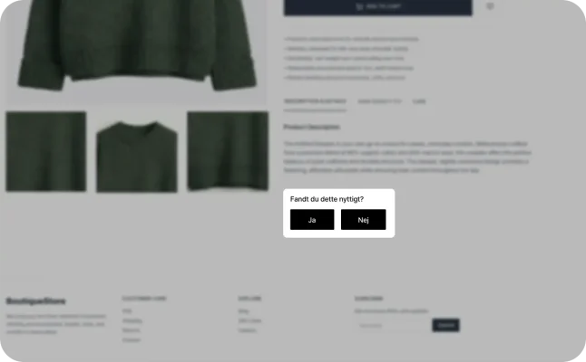 En produktside i en webshop med en simpel indlejret GetFeedback-widget, der spørger brugerne "Fandt du dette nyttigt?" med Ja- og Nej-knapper