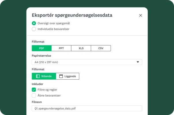 Funktionalitet til eksport af data fra en spørgeundersøgelse, der viser funktioner såsom valgmuligheder for filformatering, og hvad der skal medtages