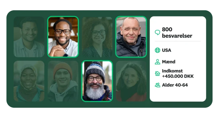 Et gitter med forskellige portrætter af personer. Et datapanel til højre viser, at spørgeundersøgelsen har modtaget "800 besvarelser" og viser demografiske oplysninger såsom placering, køn, indkomst og aldersgruppe.