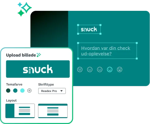 En skærm til redigering af spørgeundersøgelse viser tilpasningsprocessen for en spørgeundersøgelse om betalingsoplevelsen hos snuck, inklusive muligheder for temafarve og layout.