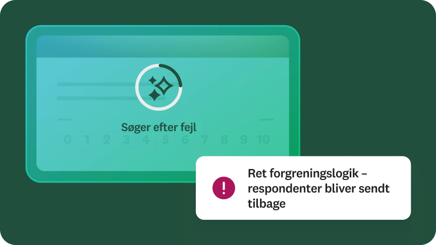 Et billede af et digitalværktøj, der "scanner for fejl" i et spørgeskema. En pop op‑meddelelse siger "Ret forgreningslogik – respondenter bliver sendt tilbage."