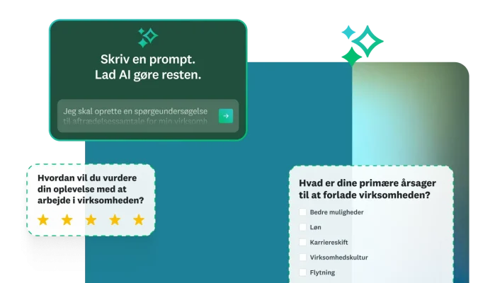 Forskellige modaler viser spørgsmål fra spørgeundersøgelser og muligheden for at bruge AI til at skrive en prompt og få genereret en spørgeundersøgelse