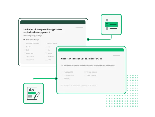 Skærmbilleder af SurveyMonkeys skabeloner til spørgeundersøgelse om medarbejderengagement og til feedback på kundeservice