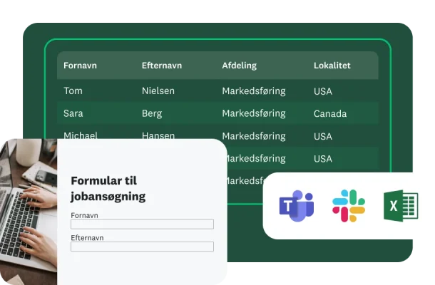 En "Ansøgningsformular til job" vises ved siden af en tabel med ansøgernes navne, afdelinger og placeringer. Nedenfor vises logoer for Microsoft Teams, Slack og Excel.