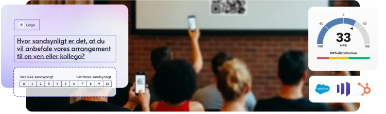 Folk, der tager billeder af QR-kode ved siden af firmalogoer og et spørgeundersøgelsesspørgsmål