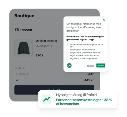 Overlejring af en spørgeundersøgelse om forladt indkøbsvogn fra GetFeedback på en e-handelsbetalingsside, der fremhæver forsendelsesomkostninger som den største årsag til et frafald på 38 %