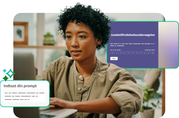 Kvinde skriver på bærbar computer med skærmbilleder af SurveyMonkey AI, som beder brugeren om at indtaste en prompt, og skærmbillede af skabelon til spørgeundersøgelse om kundetilfredshed
