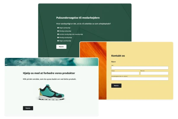 Tre billeder, inklusive en pulsundersøgelse for medarbejdere, en kontaktformular og produktfeedback, alt sammen oprettet med SurveyMonkey