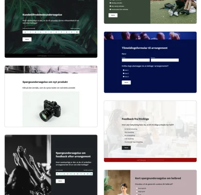 Billeder af forskellige SurveyMonkey-skabeloner til spørgeundersøgelser, såsom spørgeundersøgelser om kundetilfredshed, spørgeundersøgelser til feedback fra frivillige, samt spørgeundersøgelse om nyt produkt