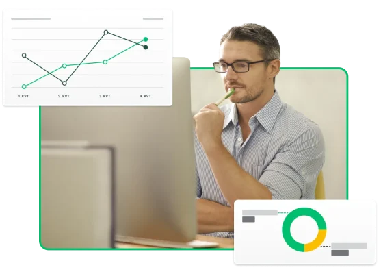 Mand med briller ser på resultaterne fra spørgeundersøgelse på en computer ved siden af skærmbilleder af diagrammer