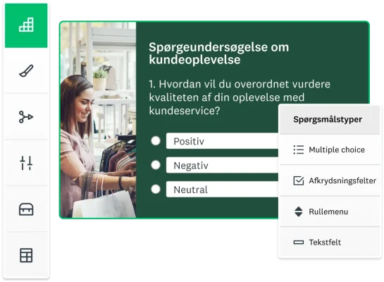Person arbejder på computer ved siden af skærmbilleder af SurveyMonkeys værktøjer til oprettelse af spørgeundersøgelser