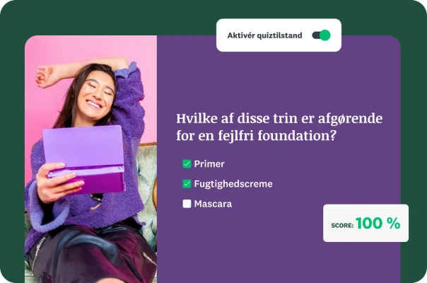 En smilende kvinde med en overlejring af en skønhedsquiz med multiple choice i "quiztilstand" med en score på 100 %.