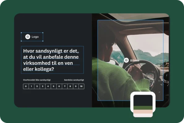 Skærmbillede af oprettelse af spørgeundersøgelse, som viser en person, der kører bil og et NPS®-spørgsmål om, hvor sandsynligt det er, at du vil anbefale virksomheden til en ven eller kollega.