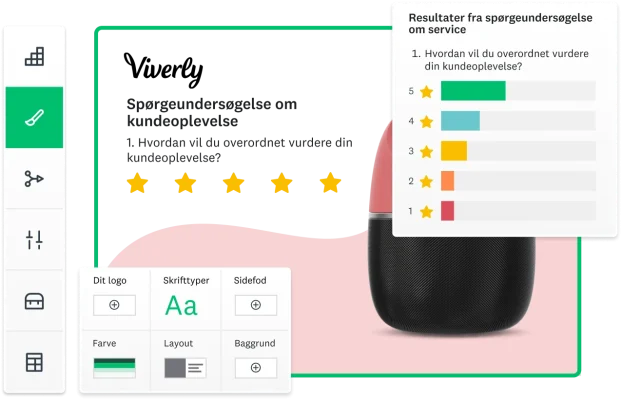 Billeder af forskellige tilpasningsmuligheder for SurveyMonkey-spørgeundersøgelser, deriblandt farve, tekst, billeder, logo, baggrund