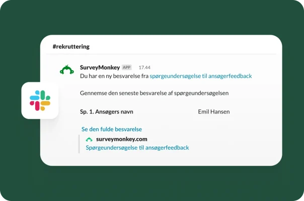 En Slack-meddelelse viser en ny besvarelse på en SurveyMonkey-spørgeundersøgelse om ansøgerfeedback.