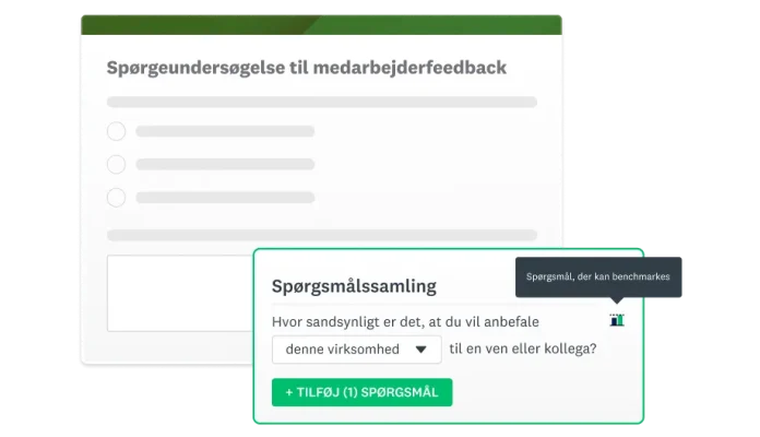 Skærmbillede af spørgeundersøgelse til feedback fra medarbejdere ved siden af spørgsmålsbanken, der viser spørgsmål om medarbejderanbefalinger