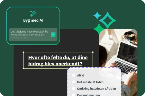 En person på en bærbar computer med en overlejring, der viser en AI-prompt og et multiple choice‑spørgsmål fra en spørgeundersøgelse.