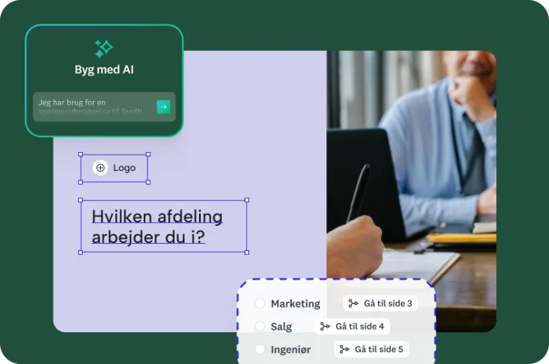 Billede af ansøgerinterview med, til venstre, et spørgsmål, der viser betinget forgreningslogik afhængigt af, hvilken afdeling respondenten har valgt.