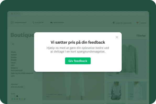 Modal på et websted, der beder brugeren om at give feedback ved at deltage i en kort spørgeundersøgelse