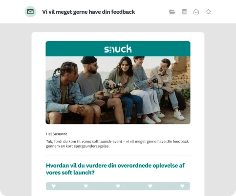 En personligt tilpasset e-mailinvitation til en spørgeundersøgelse om en soft launch-event fra Snuck med et billede og kundens navn.
