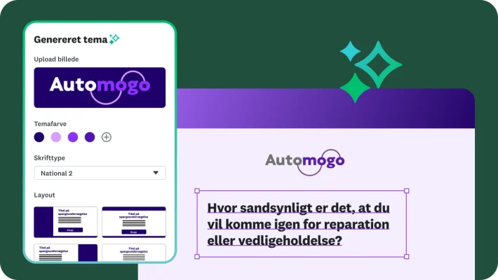 En designgrænseflade, der viser, hvordan du opretter et brugerdefineret spørgeundersøgelsestema. Den indeholder muligheder for at uploade et logo, vælge temafarver og vælge skrifttype og layout. Forhåndsvisningen af spørgeundersøgelsen viser et spørgsmål: "Hvor sandsynligt er det, at du vil vende tilbage i fremtiden for reparation eller vedligeholdelse?" med firmalogoet "Automogo".