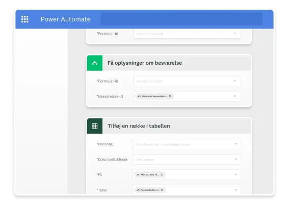 Skærmbillede af import af SurveyMonkey besvarelsesdata til Microsoft Power Automate