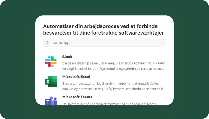 Skærmbillede af forskellige SurveyMonkey‑integrationer, herunder Slack, Microsoft Excel og Microsoft Teams